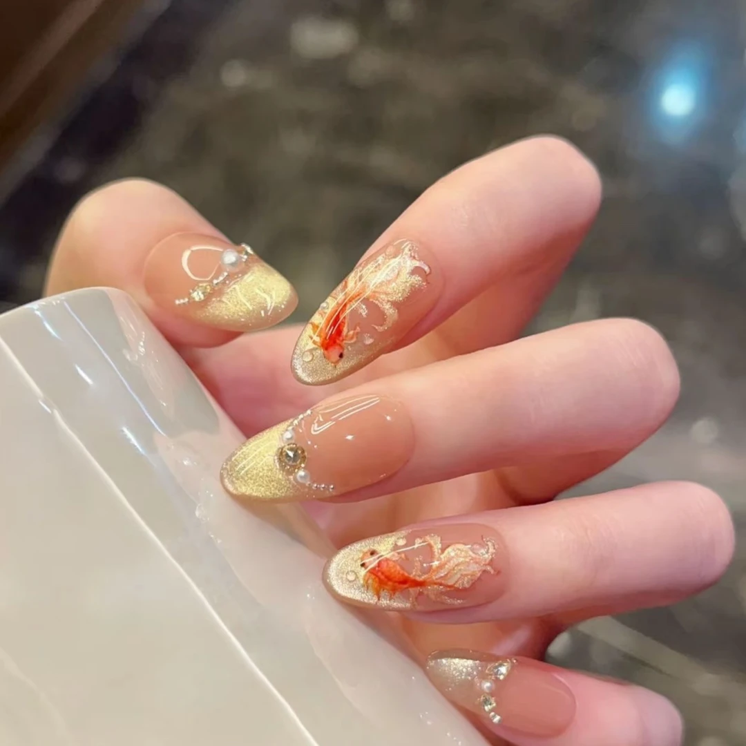 【好运锦鲤】新款富贵金法式猫眼显白锦鲤可拆卸纯手工穿戴美甲