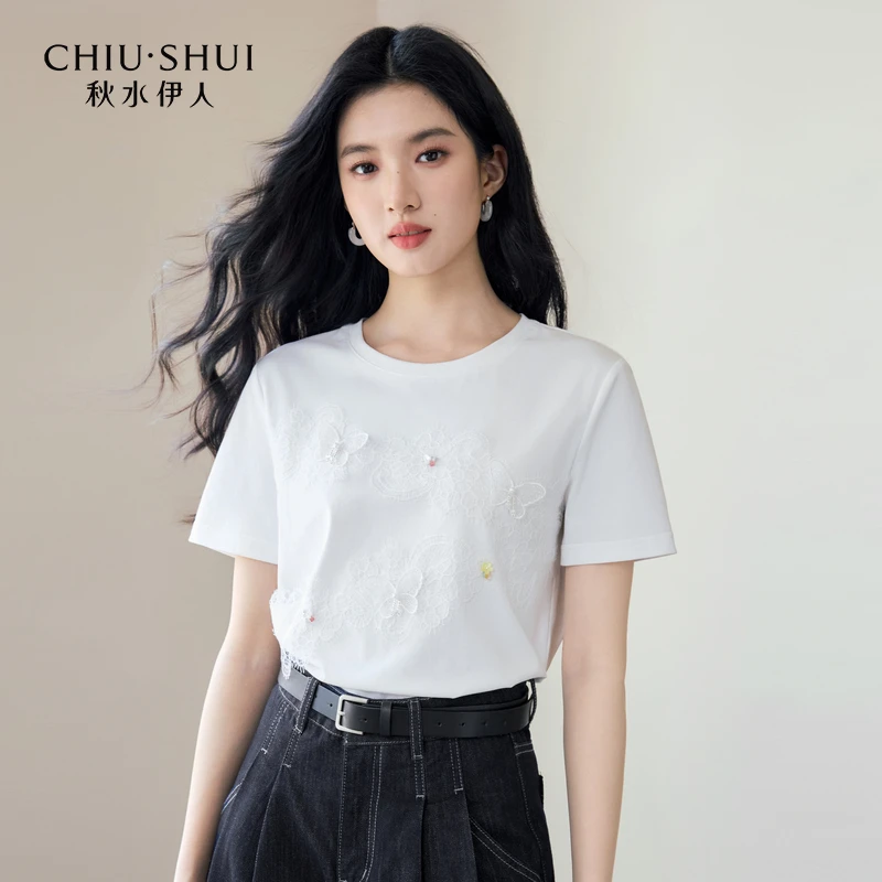 【叶姐】秋水伊人气质短袖新款蝴蝶结蕾丝设计T恤625204C200547