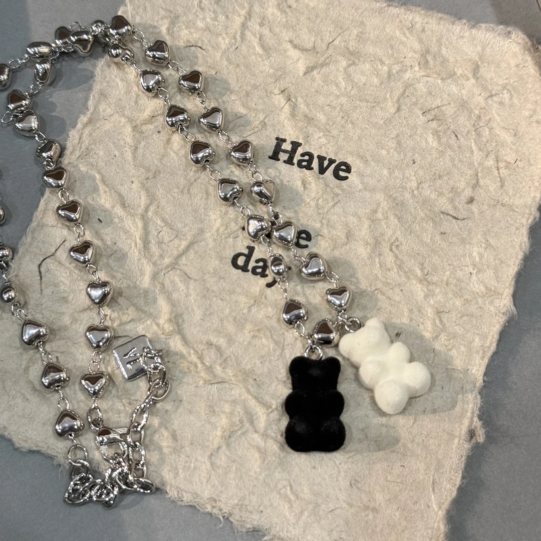 铜合金项链 HRY0-铜合金可爱爱心小熊AB植绒项链HRY0-848