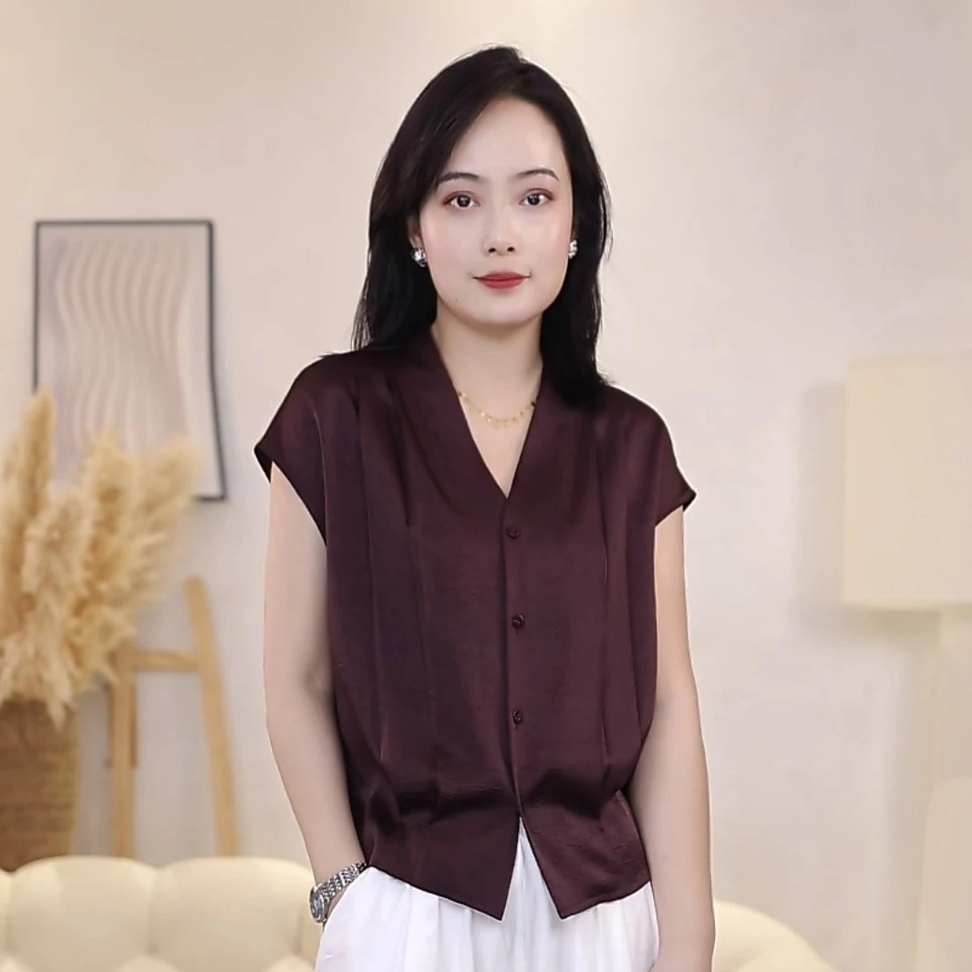 【曼姐定制】2025夏季V领常规小衫网红纯色衬衫休闲女无袖拼接2657