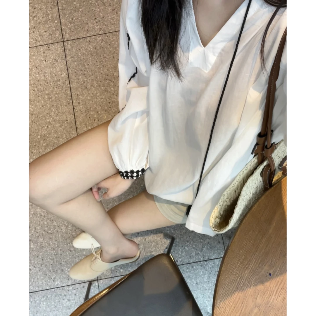 FAR ZOOM 天丝亚麻小衫法式复古灯笼袖飘带花边衬衫