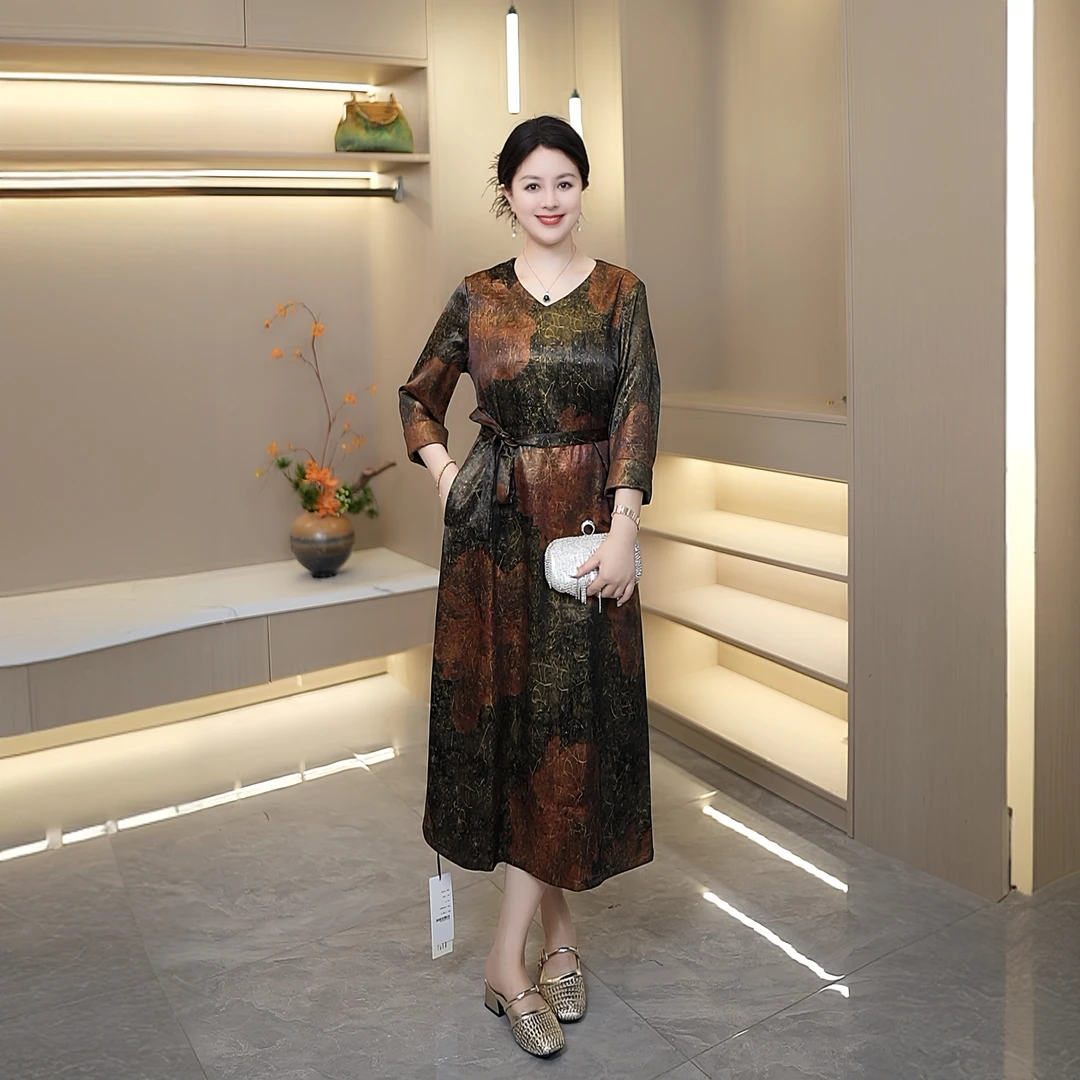 金年华新中式新款百搭不褪色长袖老料重缎提花连衣裙女中长款休闲