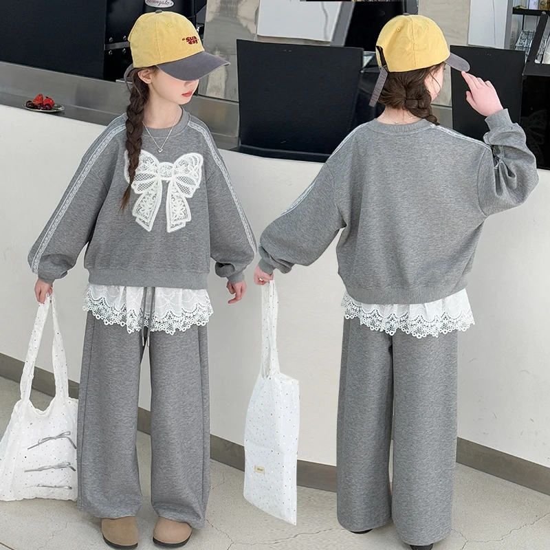 女童灰色蝴蝶结蕾丝拼接卫衣套装秋季2025新款中大童洋气两件套潮