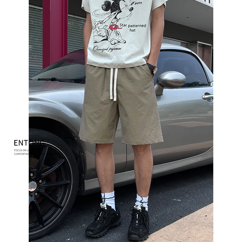 Entong高街美式干爽速干休闲短裤男生松紧腰抽绳宽松解构中裤子潮