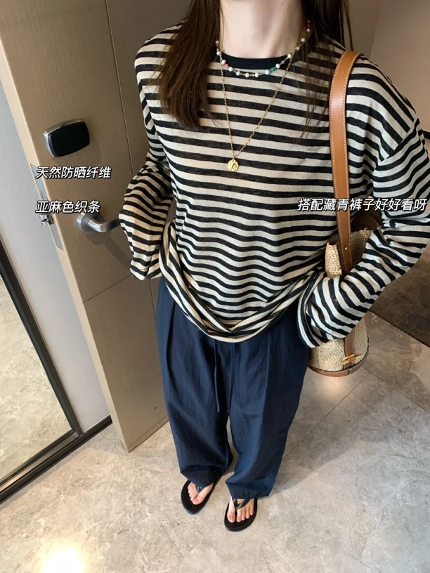 可遇不可求 杨树林 亚麻天丝 条纹长袖tee来咯！！