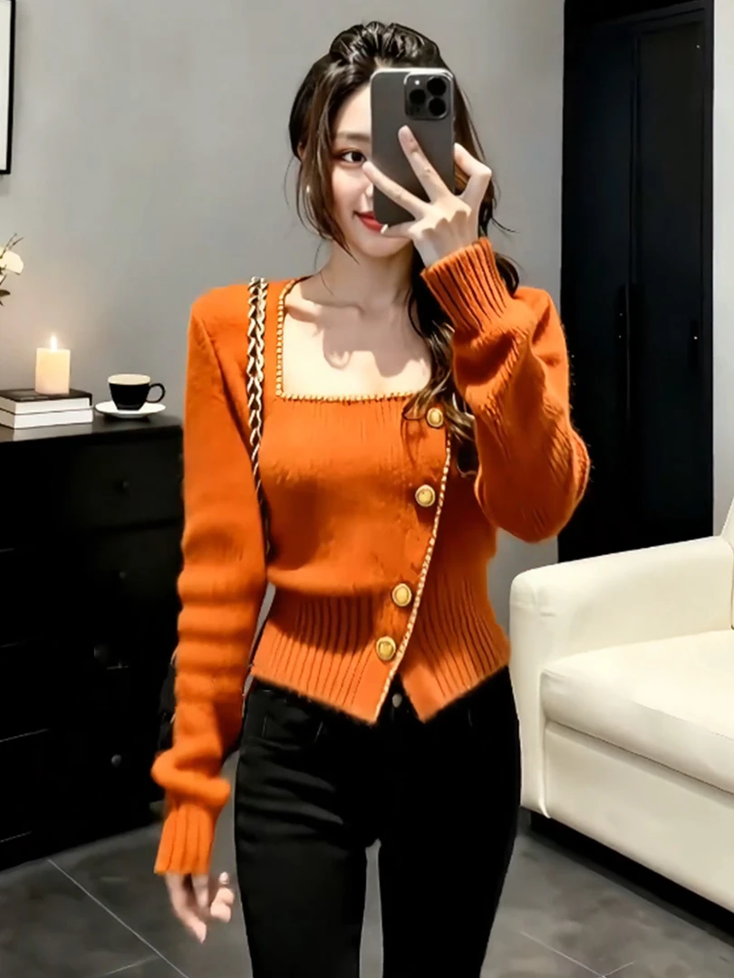 方领短款橘色针织衫上衣2025秋冬新款高级感穿搭法式爆款毛衣女装