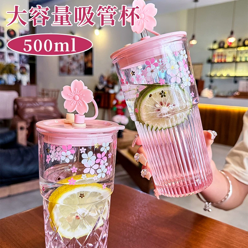 ins风双饮玻璃水杯高颜值女士大容量吸管杯办公室家用带盖双饮杯