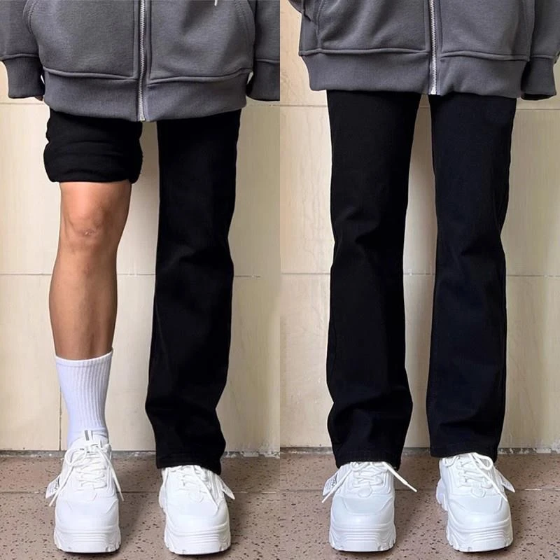 窄版直筒黑色牛仔裤男款春季美式高街cleanfit裤子修身显瘦微喇裤