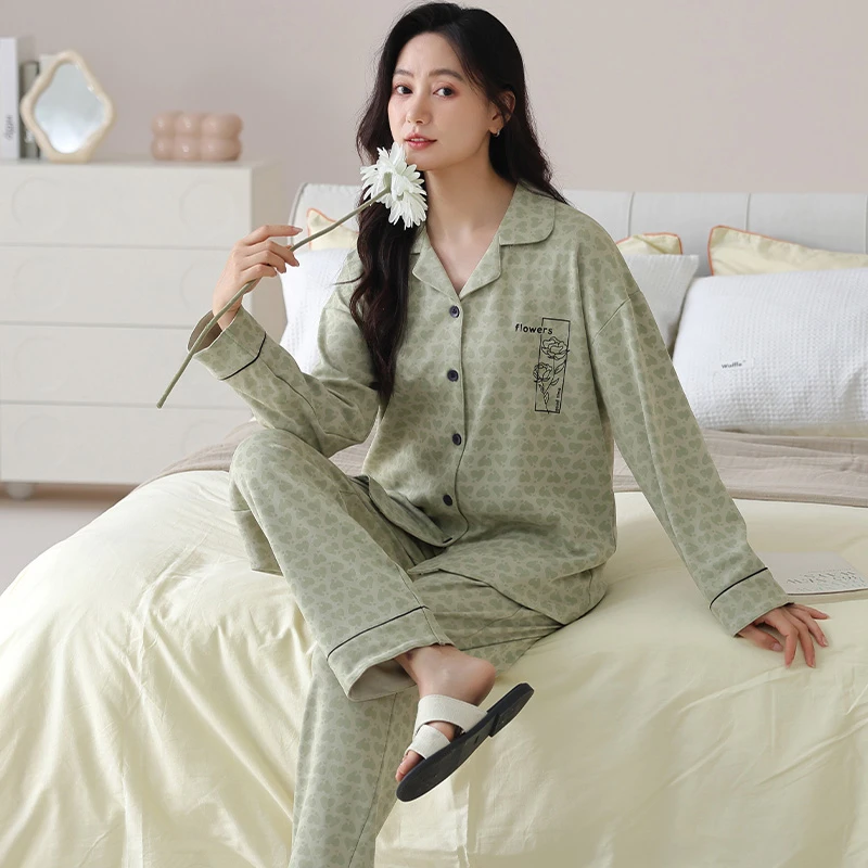 莉莉家新款女士加厚纯棉绿色玫瑰开衫休闲长袖长裤睡衣套装家居服