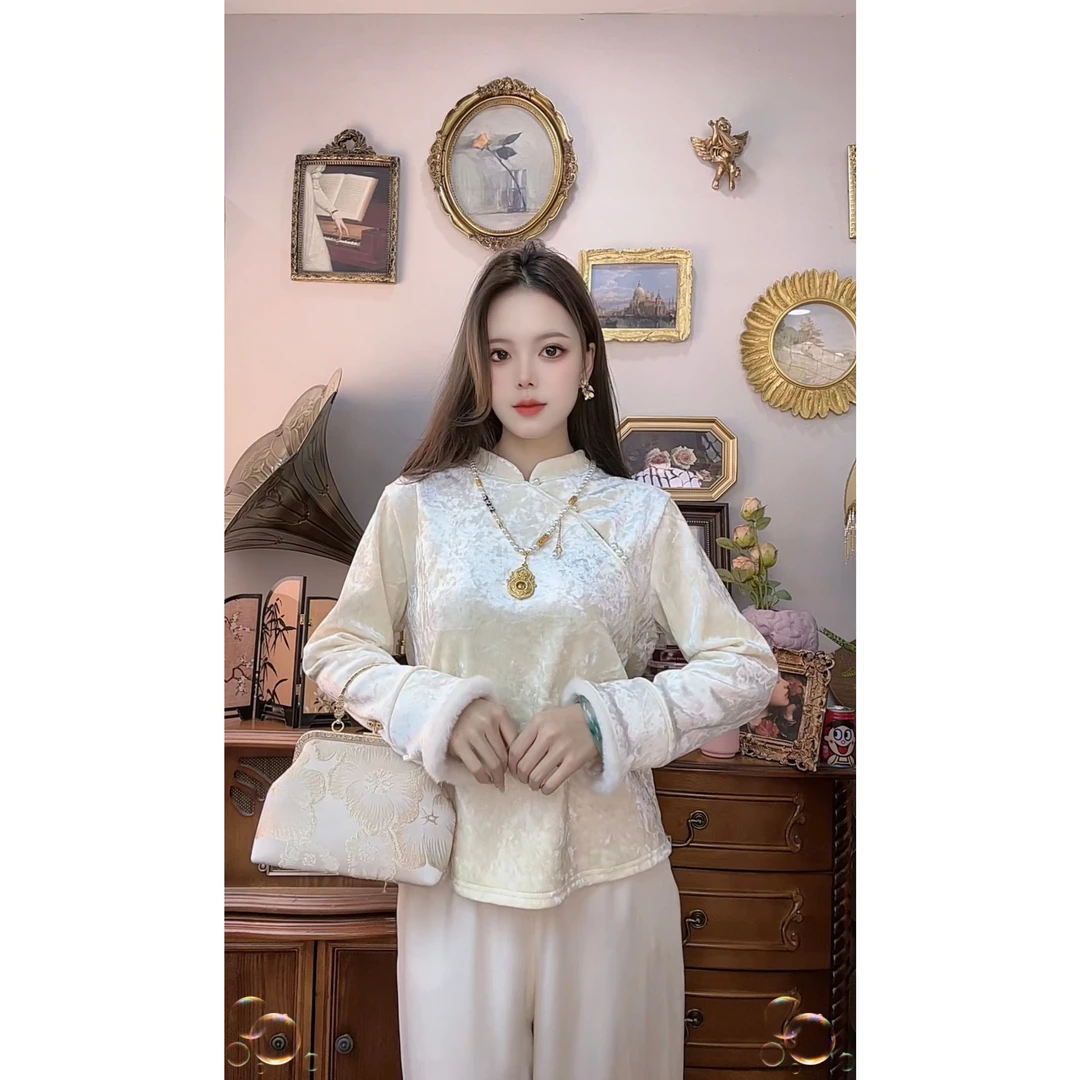 【792】秋冬加绒款新中式国风丝绒上衣女减龄显瘦长袖毛边打底内搭
