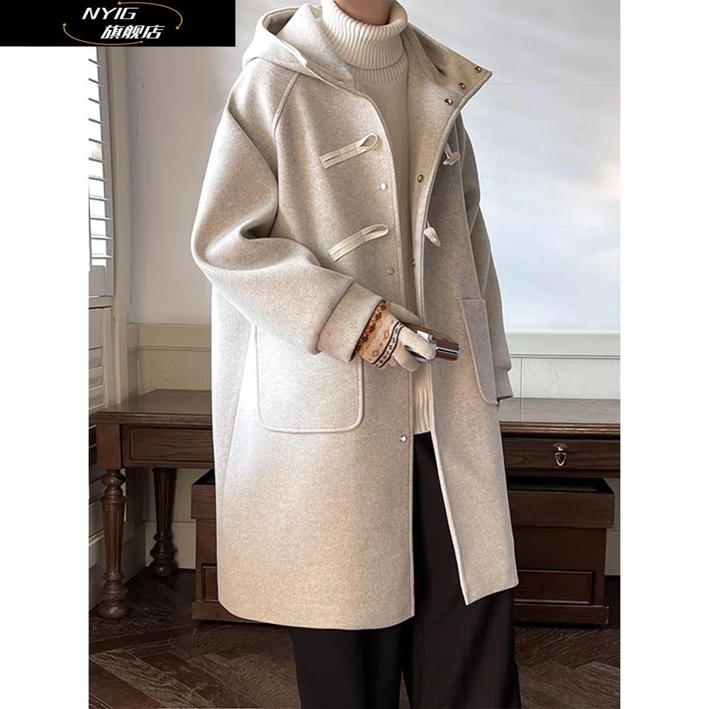 NYIG中长款牛角扣毛呢大衣男冬季加厚高级感外套连帽披风斗篷风衣