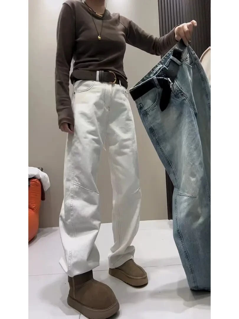 显瘦阔腿牛仔裤子女秋冬新款胖mm大码弯刀加绒加厚直筒拖地裤