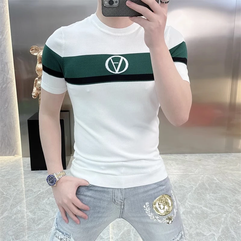 2025夏季新款男士青年字母提花修身薄款透气网红冰丝短袖t恤百搭