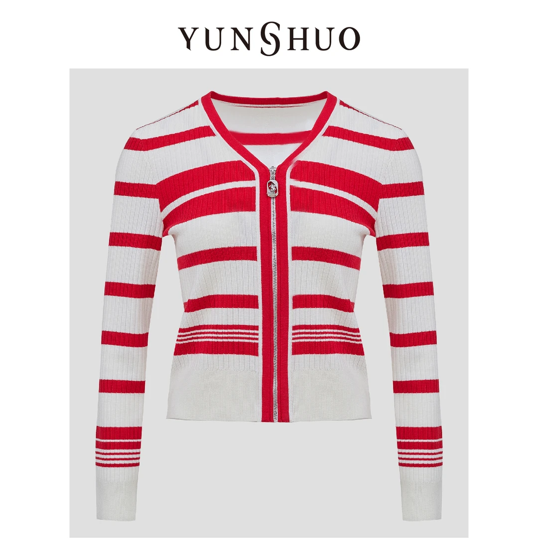 允硕新年战袍开运搭配秋季新品条纹拼接修身气质针织开衫729256