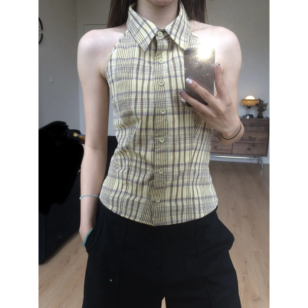 【NO退NO换】来自b0【挂脖格子衫】挂脖式露背格纹衬衫上衣【XL5583】
