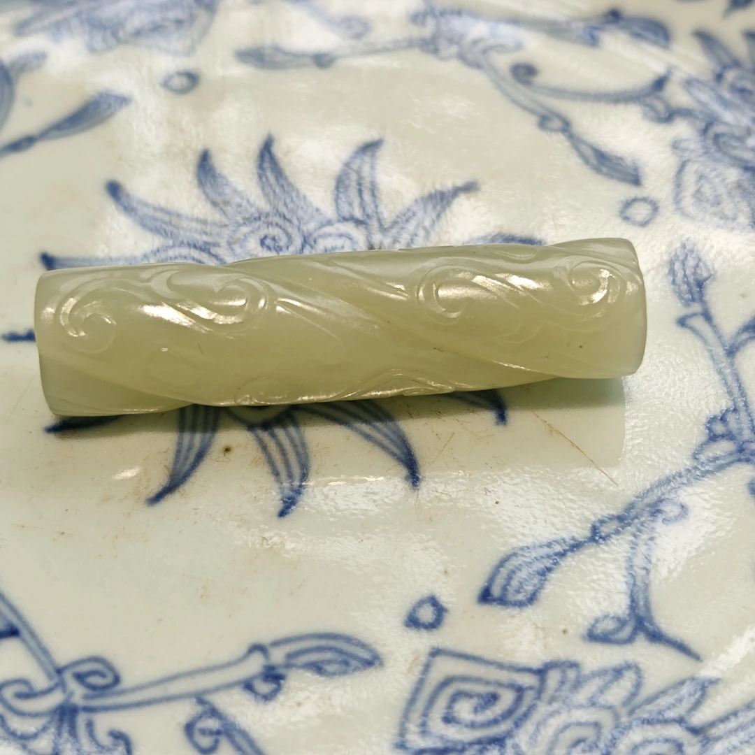 玉勒子管珠｜包浆浑厚油润满圈雕刻古纹新疆和田青白玉老料挂件