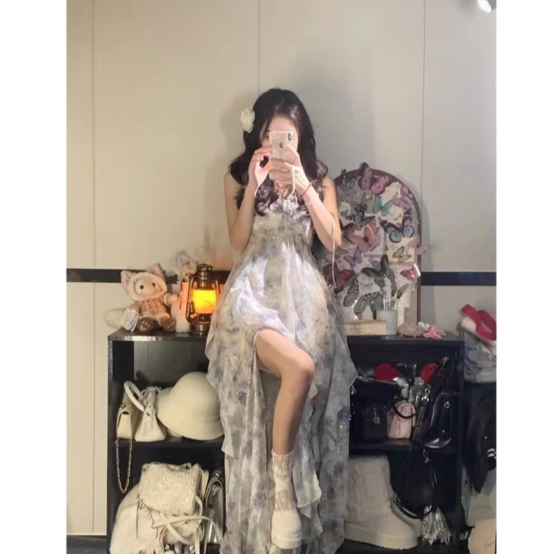 【Synw屁羊】蓝琳花染 雪纺挂脖碎花露背长裙拖地裙度假裙子