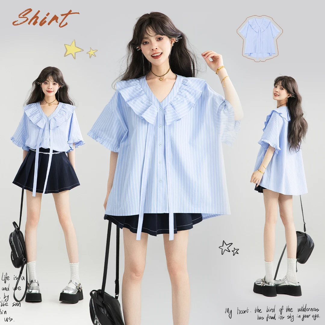 KEIKO 法式荷叶领蓝色条纹衬衫女夏季新款韩系高智感V领短袖上衣
