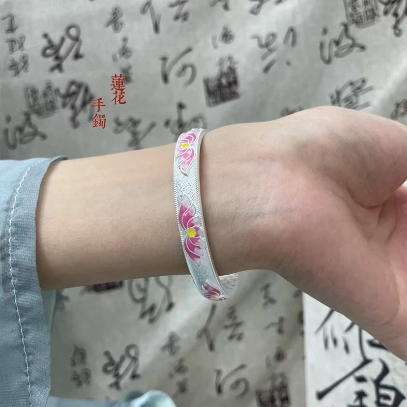 足银手镯 货号（0539）新中式珐琅莲花手镯