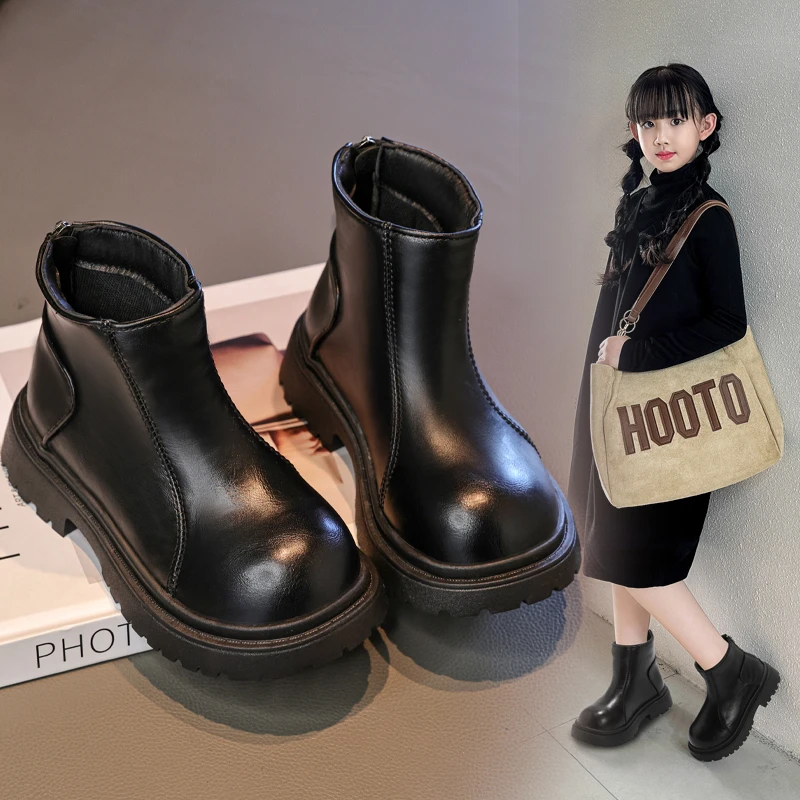 女童侧拉链皮靴单靴小女孩马丁靴秋季女宝宝秋冬棉靴儿童中大童鞋