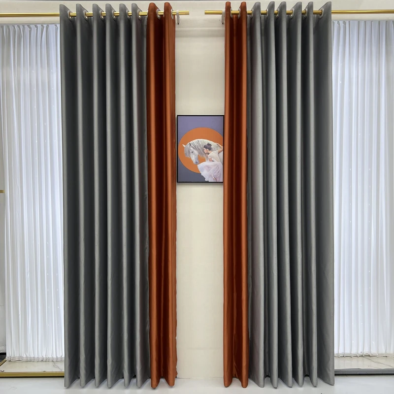 y02灰拼橙高精密丝线编织加厚全遮光窗帘客厅卧室阳台飘窗