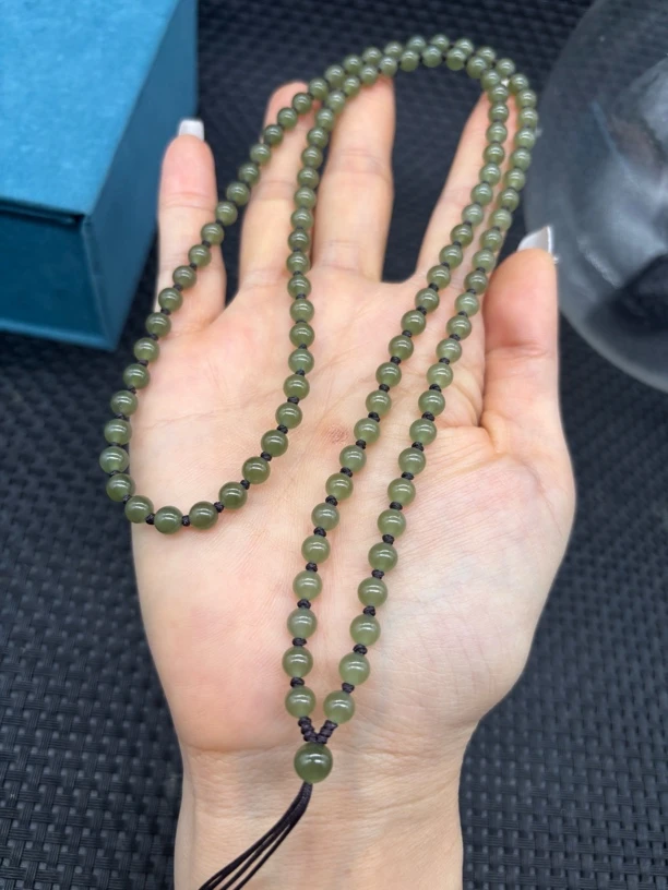 福利款天然和田玉湖水绿圆珠5mm玉石挂坠绳项链毛衣链长链百搭款