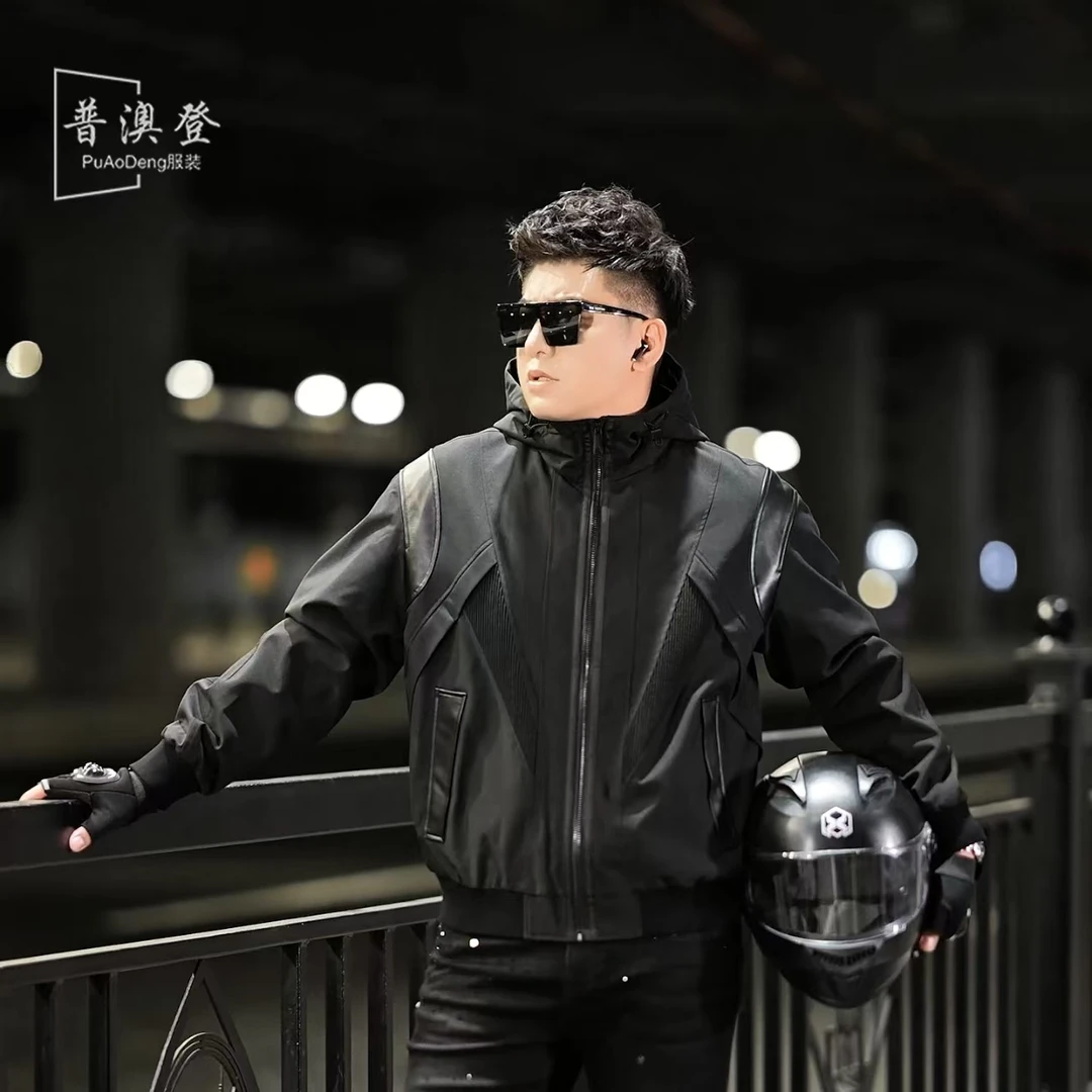 2025男士棉服秋冬新款户外时尚潮流百搭休闲拼绵羊皮潮牌连帽外套