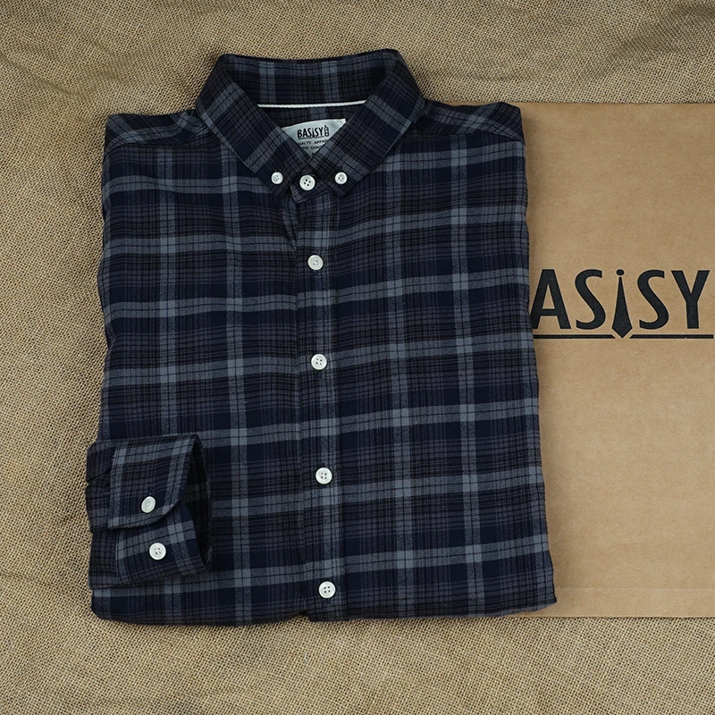 巴司司衬衫法兰绒灰密格纯棉男装长袖休闲衬衫磨毛衬衣380