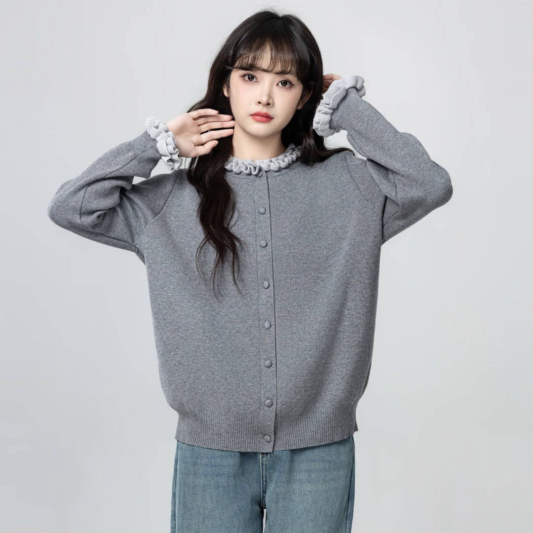灰色木耳边毛衣外套女秋冬2025秋季新款休闲宽松长袖针织开衫上衣