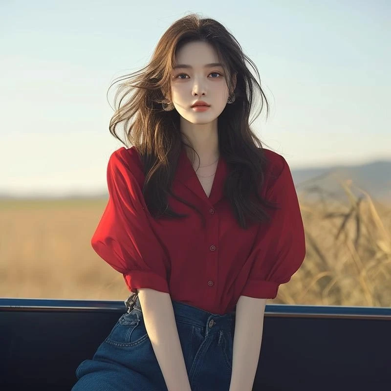2025夏季新款法式小香风余杭器减龄高级感红色灯笼袖衬衫女设计感