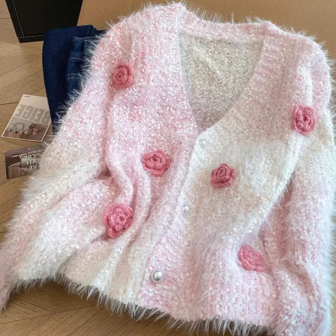 慵懒渐变色立体花朵针织开衫外套女秋冬新款宽松加厚洋气V领毛衣