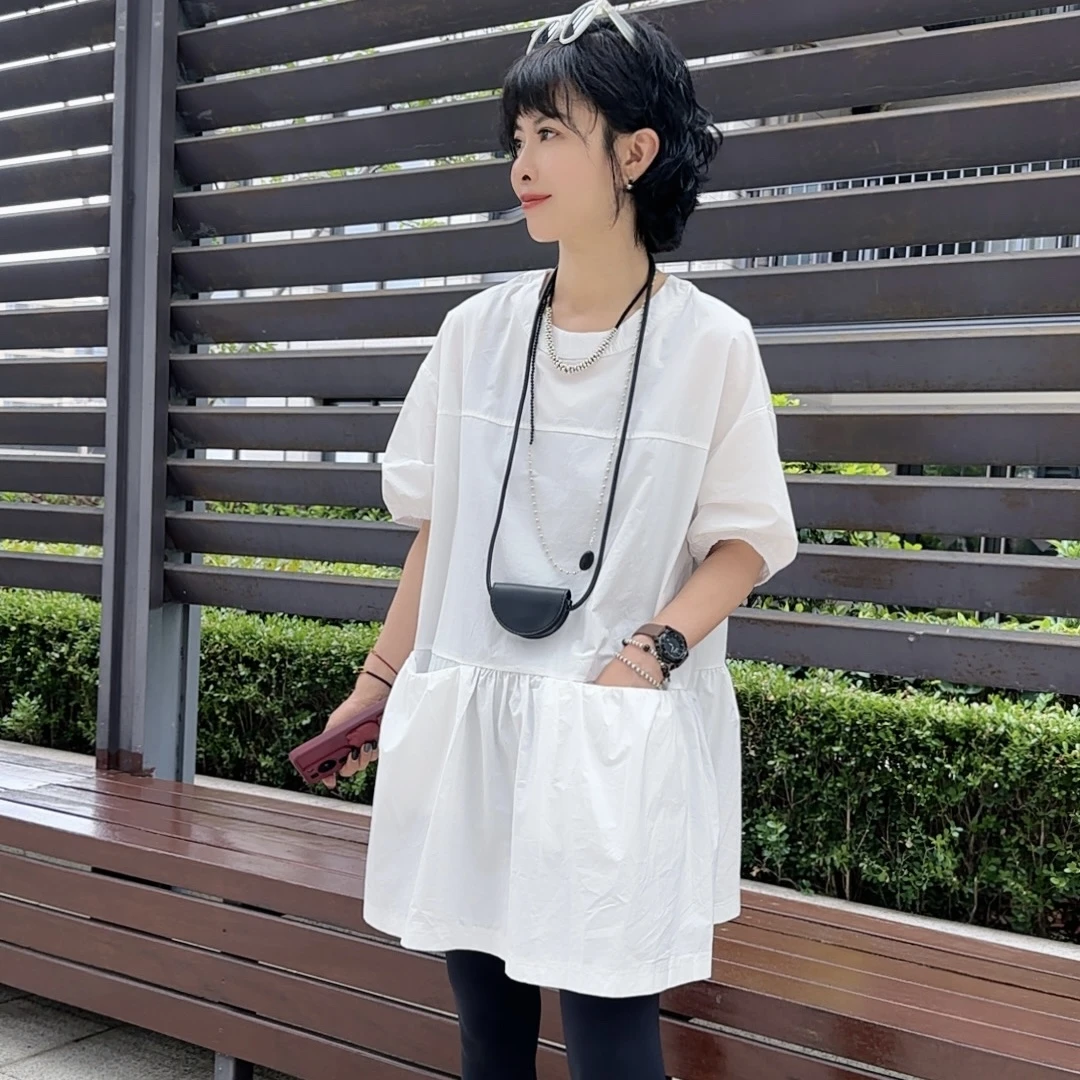 【芬芬姐精选】圆领夏季宽松复古港风衬衫拼接白色百搭