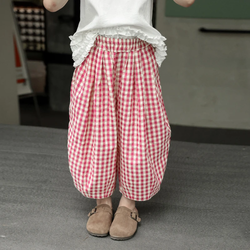 SKE2567女大童韩版粉色格子休闲裤夏装新款儿童高腰宽松哈伦裤潮