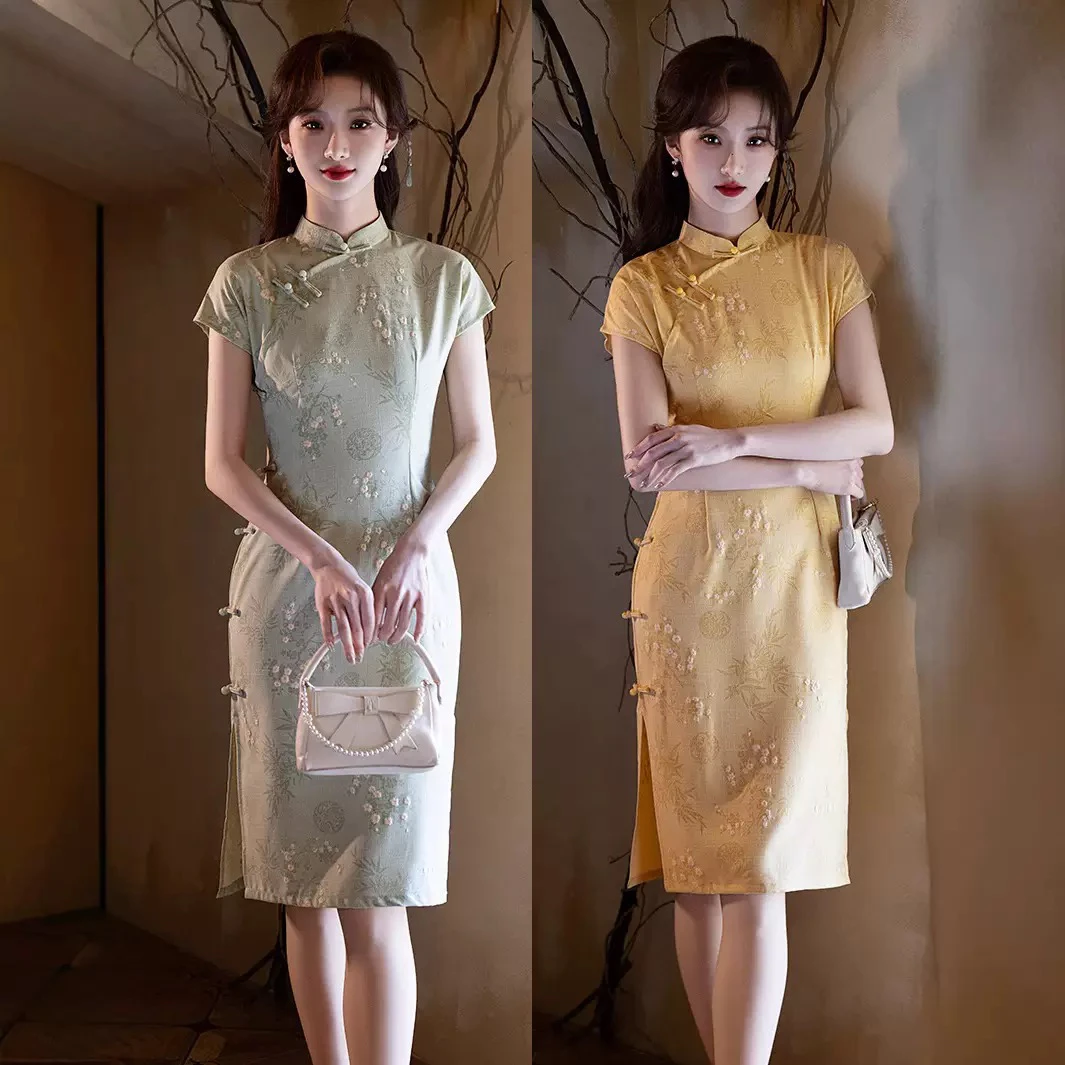 2025新款春夏改良年轻款新中式日常旗袍古法鹅黄显瘦气质