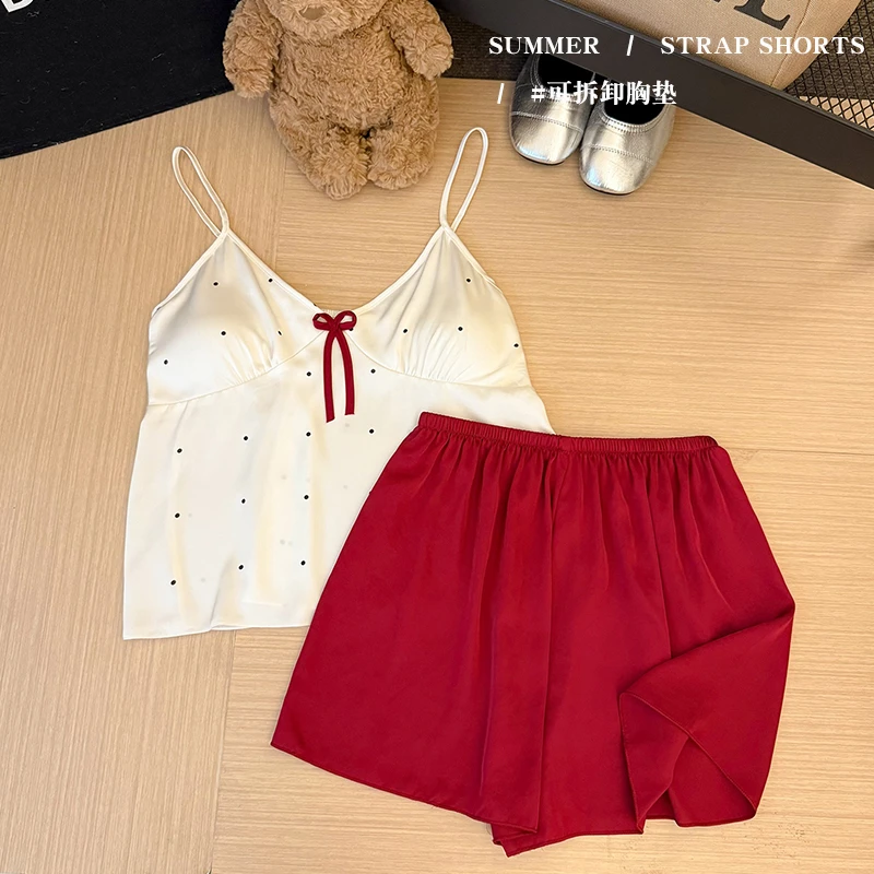 吊带短裤睡衣女夏季薄款冰丝法式甜美纯欲风带胸垫波点家居服套装