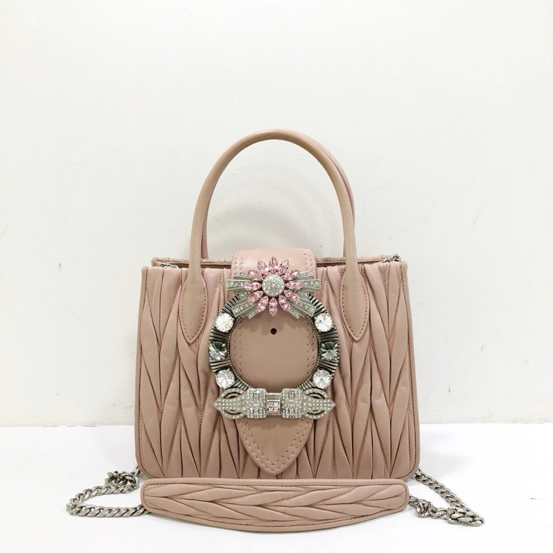 95新 MIU MIU/缪缪 粉色全皮褶皱宝石扣手提单肩斜挎包