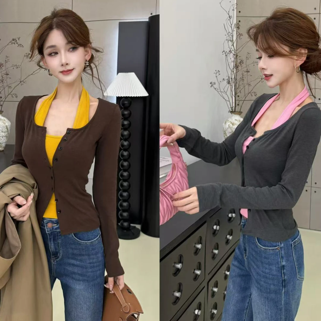 【撞色秋日】假两件设计感修身显瘦针织开衫