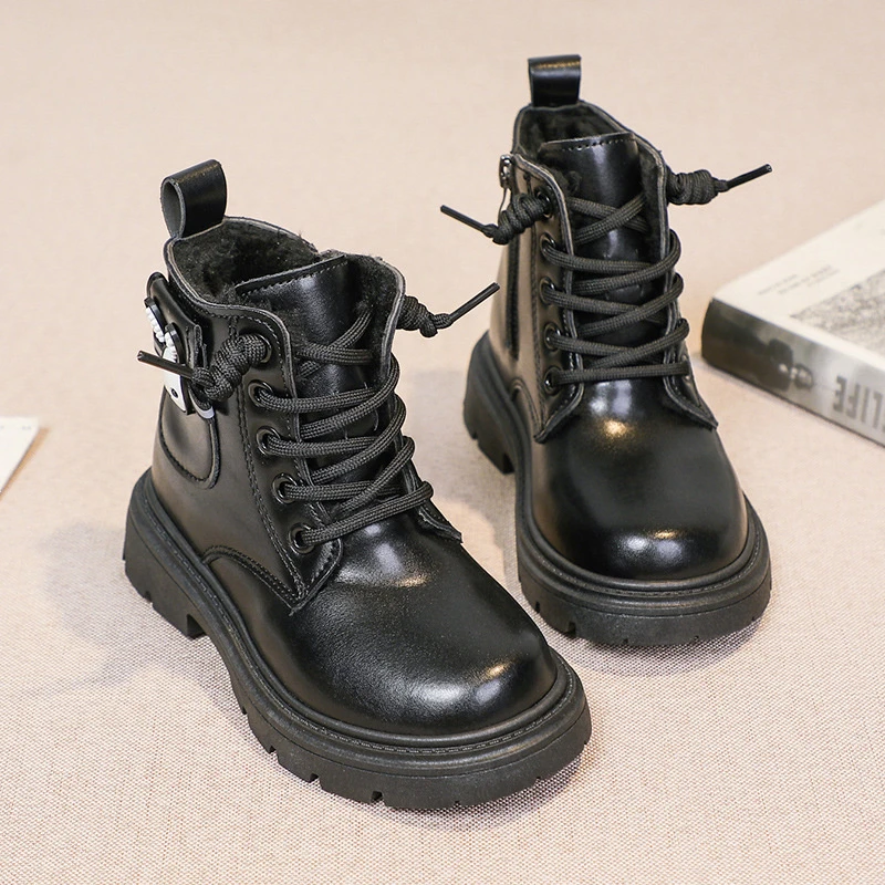 儿童马丁靴加绒靴子秋冬童鞋中大童女孩女童鞋粉色翻边侧拉链低筒