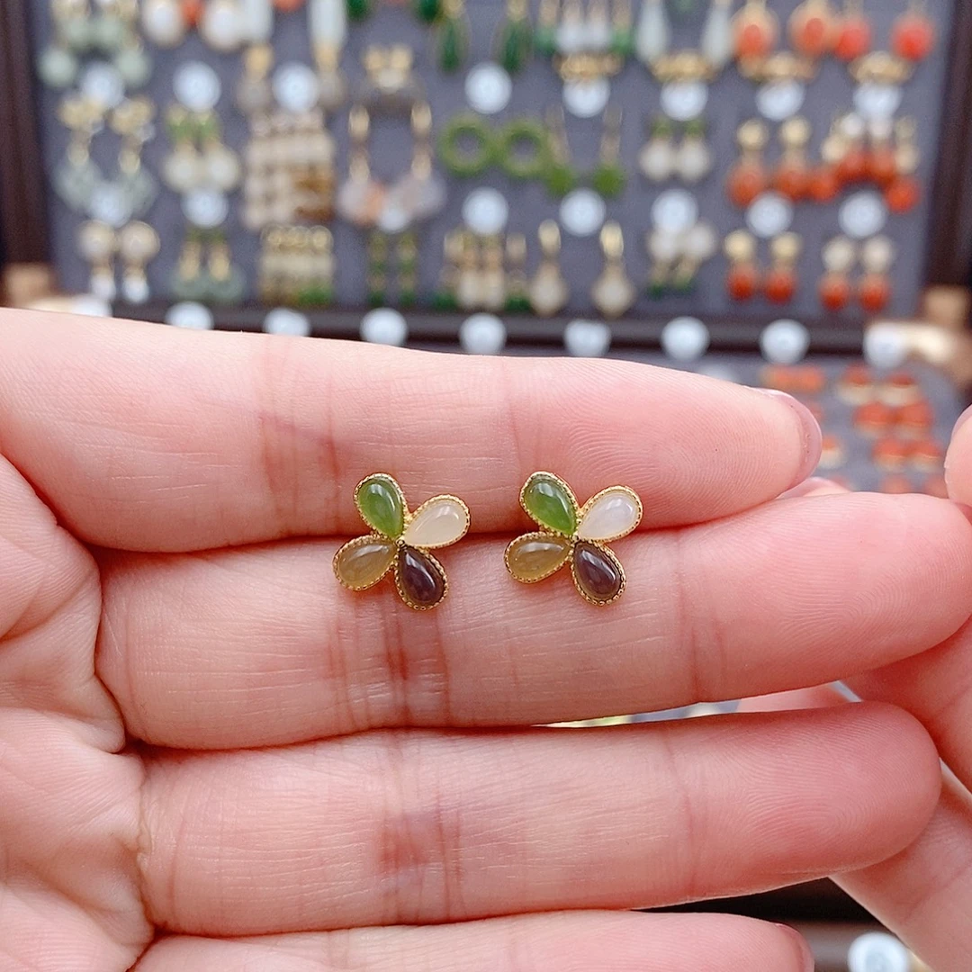 和田玉银S925镶嵌耳饰