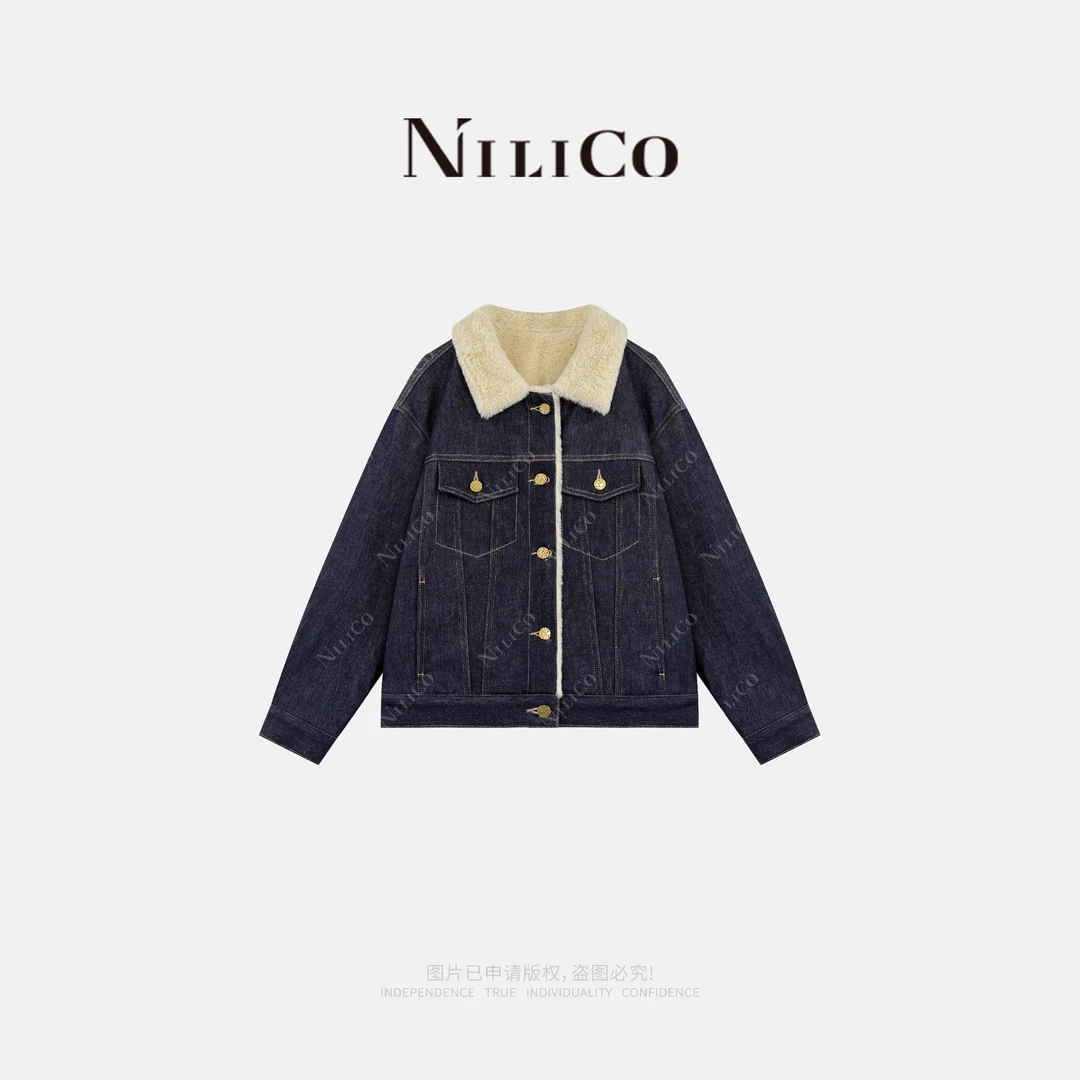 NILICO【酷女孩】原牛撞色线设计感加绒加厚保暖显瘦牛仔外套