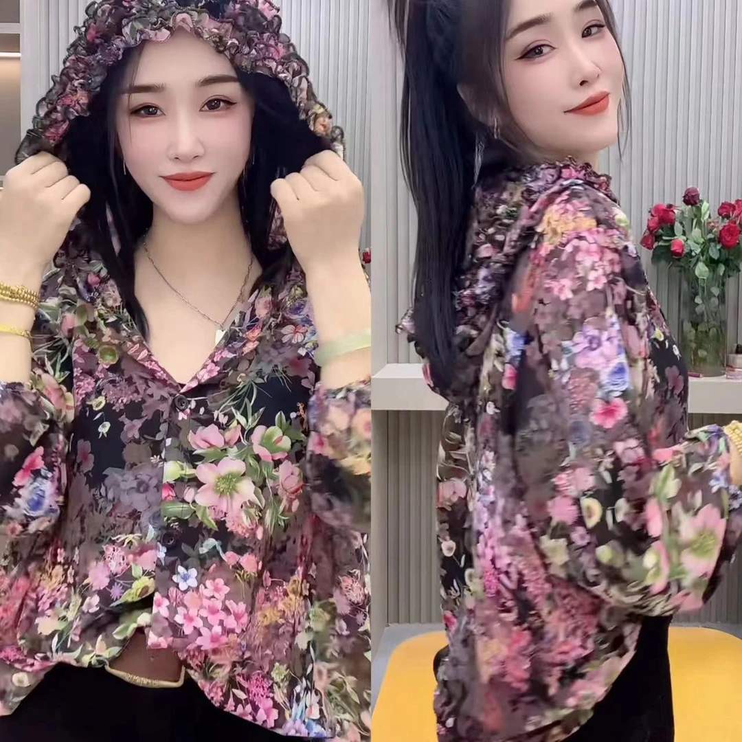 百搭显瘦遮肉帽衫衬衣碎花连帽衬衫新款长袖宽松印花时尚13501350