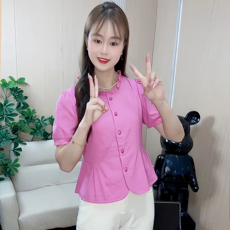 通勤感时尚减龄短袖衬衫女士2025年夏季新款韩版宽松显瘦拼接上衣