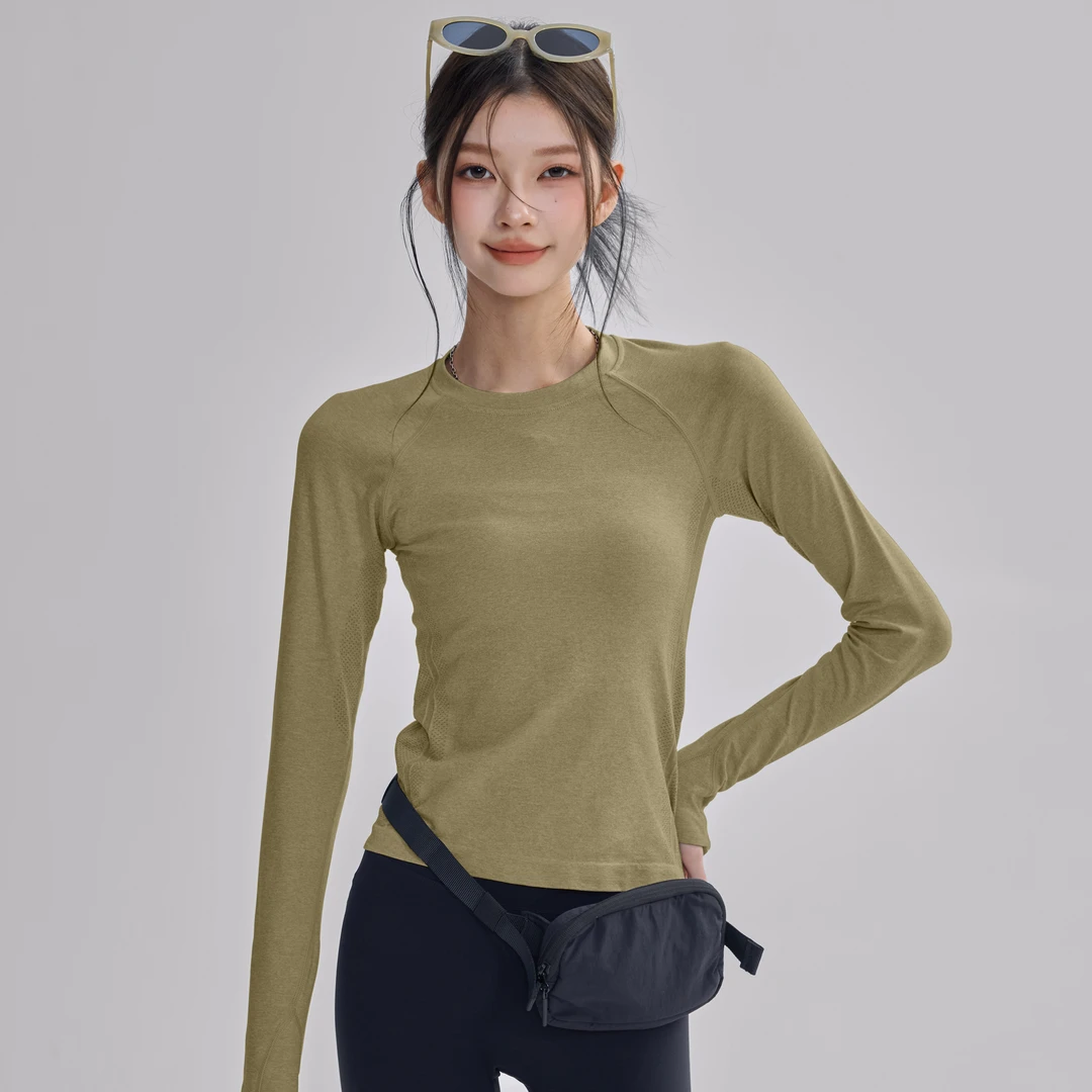 岚纹2025瑜伽服长袖女透气速干健身跑步T恤修身显瘦弹力运动上衣