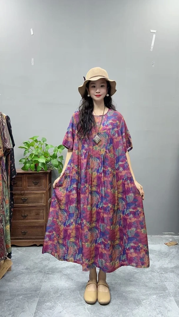 5054夏季新款清凉气质时尚复古遮肚宽松女显瘦百搭圆领休闲连衣裙