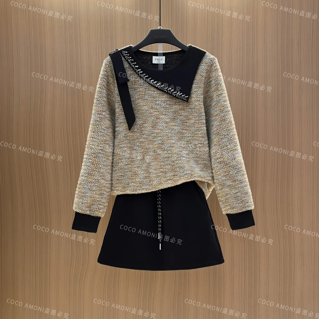 新款时尚设计感秋冬季女装拼接重工减龄显瘦气质套装ZC985