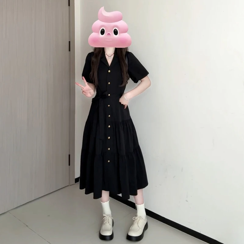 赫本风法式黑色翻领衬衫连衣裙子女夏季2025新款气质小众蛋糕长裙