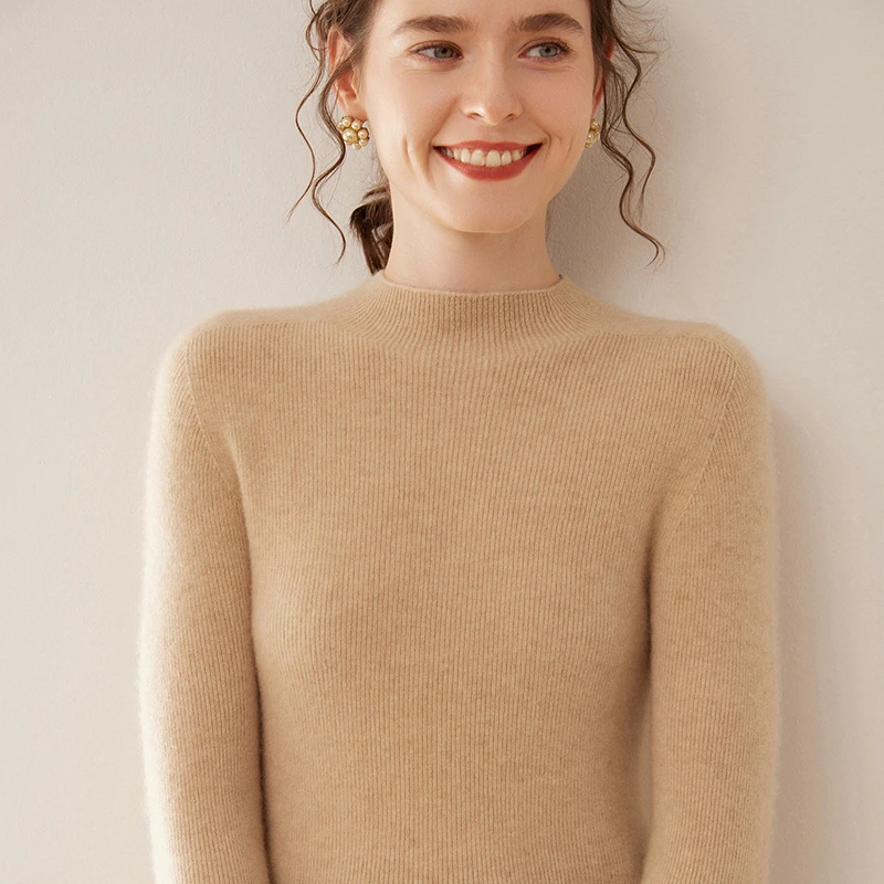 【衣橱必备单品】100%山羊绒一线成衣竖抽条半高领女百搭打底衫