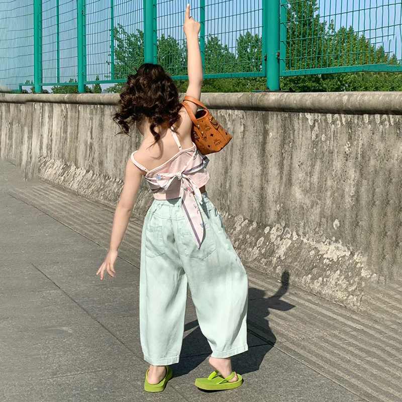 大橙子Studio韩版女童套装2025夏新款卡通丝巾吊带牛仔裤洋气套装