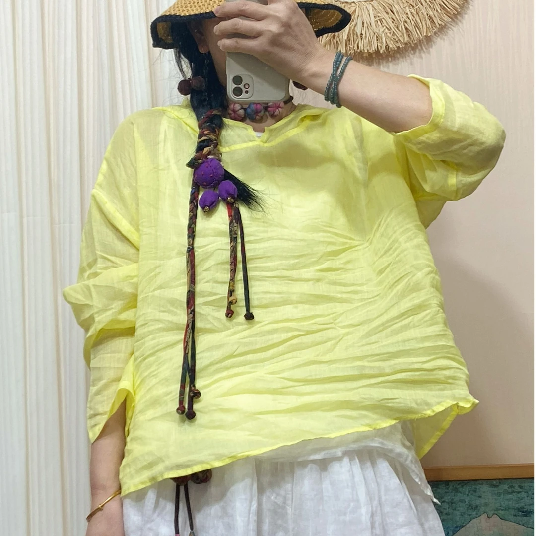 雨梦  新款苎麻帽衫休闲