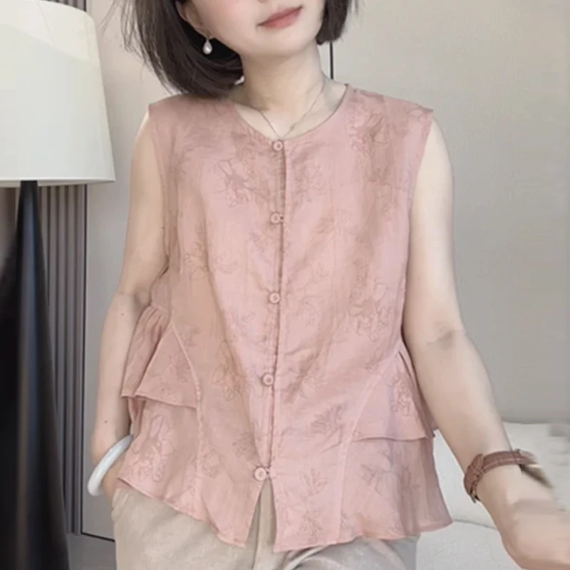 新中式国风粉色碎花背心马甲女2025夏季新款复古气质减龄无袖上衣